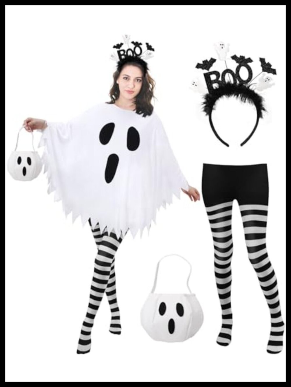 4 PCS Ghost Costume Set Poncho Headband Tights Candy Bag Adult Halloween